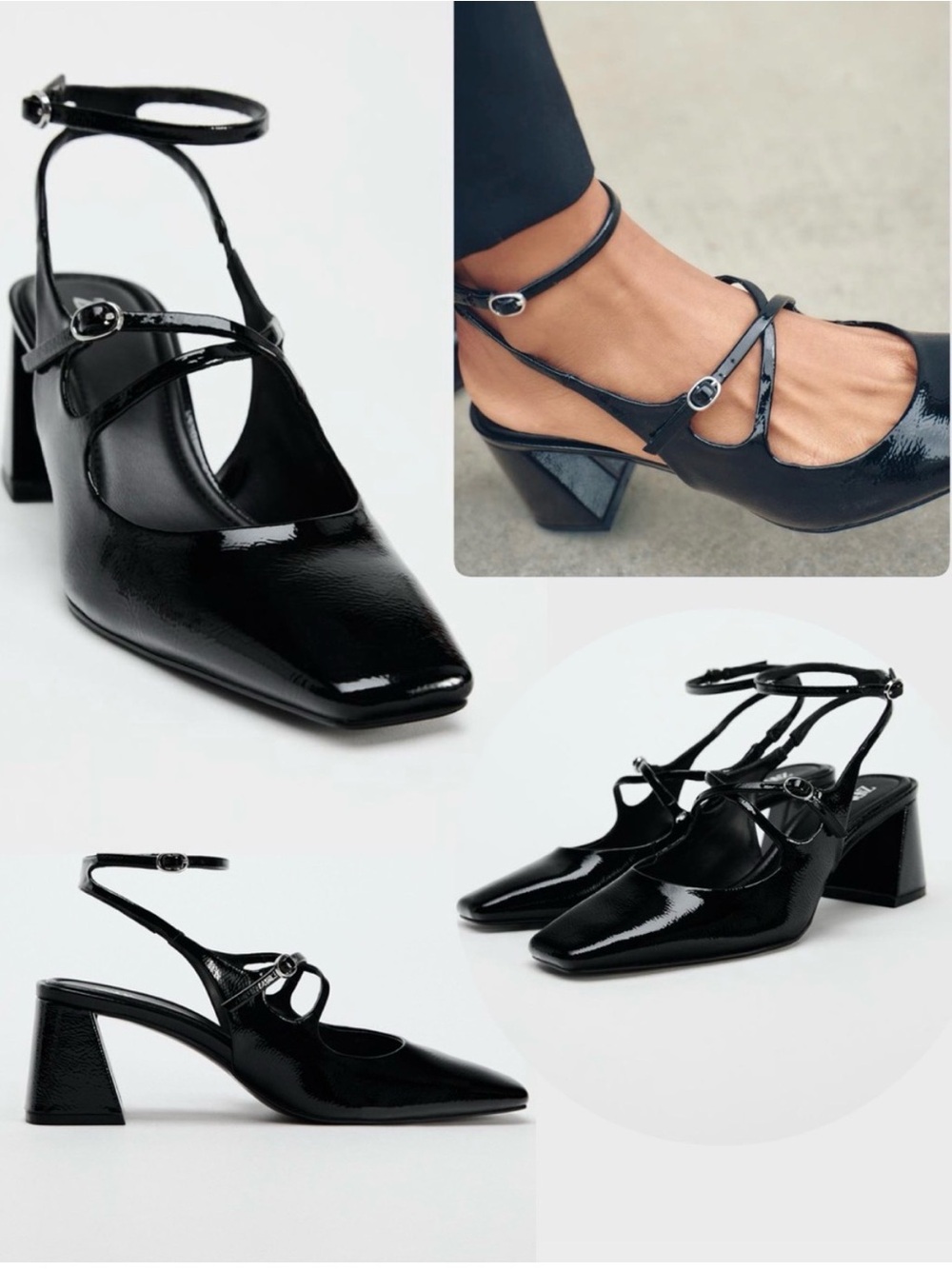 NWT! Zara Black Patent Leather Ankle-Strap Block Heel shoes